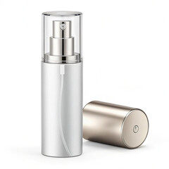 Silver facial mist spray bottle with clear cap and lying bottle