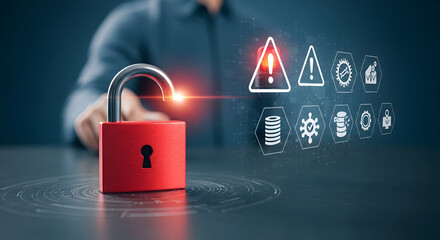 An open red padlock emits a warning light across a digital interface, symbolizing data vulnerability and cyber threats.