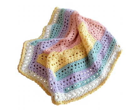 Softly colored crochet baby blanket with pastel stripes and a delicate handcrafted look transparent background