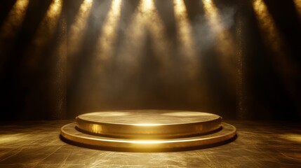Obraz premium Golden podium with spotlight and smoke effect on dark background.