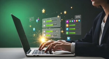 Hands glow with digital energy while typing on a laptop, surrounded by progress bars and sparkling stars.