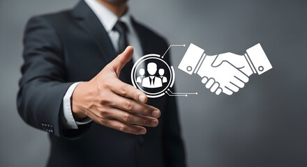 Businessman extends a welcoming hand, symbolizing partnership and team collaboration.