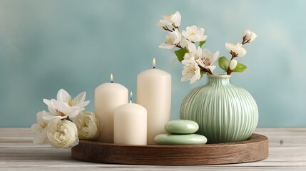 Obraz premium Arrangement of candles, flowers, and a vase on a wooden tray.