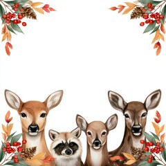 Obraz premium Four woodland animals, including three deer and a raccoon, framed by autumn leaves, pinecones, and red berries in a decorative square border.