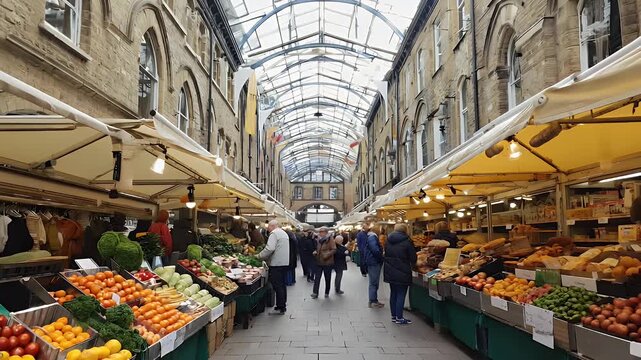 Vibrant indoor market bustling with shoppers exploring fresh produce and local goods under a glass roof