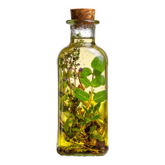 transparent bottle with infused olive oil, herbs inside, isolated white background. PNG