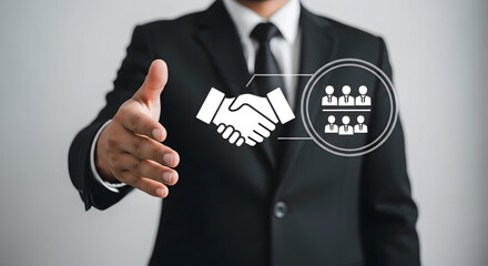 A professional in a suit extends a hand for a handshake, symbolizing business partnership and team collaboration.