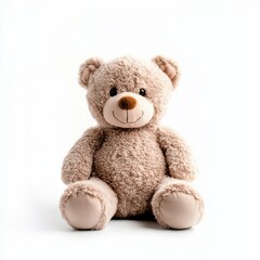 Obraz premium A cute, fluffy teddy bear with a friendly smile sits against a white background, showcasing soft fur and stitched features.