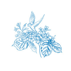 Vintage Toile de Jouy bouquet with Blue flowers and Swallows.
