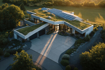 Modern sustainable house blends with nature. Green roof, solar panels, eco-friendly design. Use for real estate, architecture, environmental marketing.