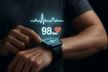 Man using smart wearable watch with real time heart rate monitor display showing digital health data and biometric technology interface for fitness and wellness tracking