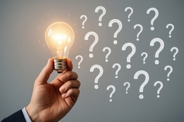 Idea Generation: A person's hand delicately holds a glowing light bulb amidst a sea of question marks, highlighting the spark of innovation and the pursuit of answers.