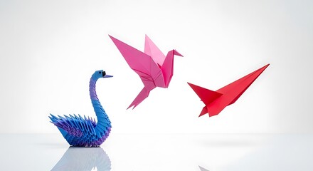 Fototapeta premium Illustration of a vibrant display of origami art featuring a swan, bird, and paper airplane against a white backdrop