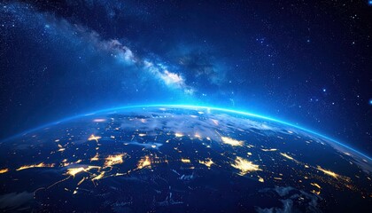 Obraz premium Earth at night from space reveals city lights and the Milky Way