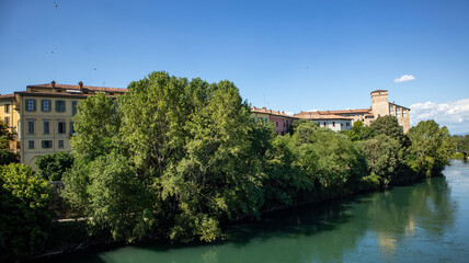 Cassano d'Adda from the bank of the river Adda in the Metropolitan City of Milan, Lombardy, Italy, July 29 2025