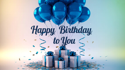 Blue balloons, white gifts, confetti, elegant lettering cheerful birthday greeting