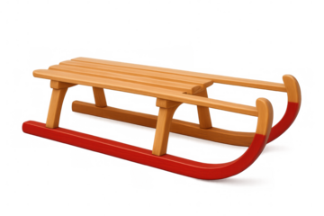 Vintage wooden sled featuring bright red metal runners, positioned against transparent background for festive seasonal imagery