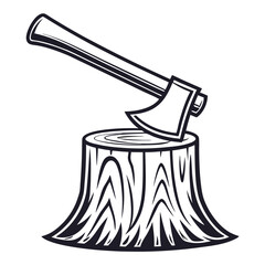 Black and white axe in stump woodcutting on white background