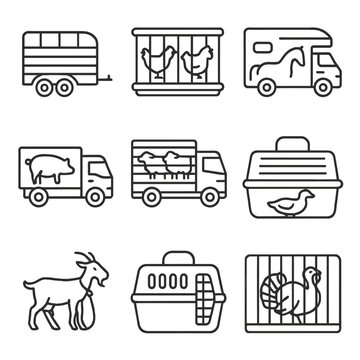 Animal Transport Icons. Outline style icons of Animal Transport: livestock trailer, cage for poultry, horsebox, pig carrier, sheep