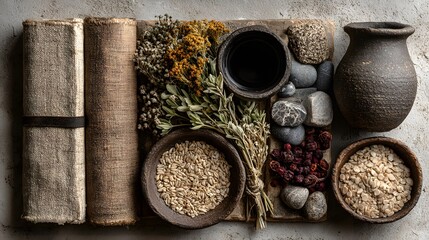 Collection of vintage-style fabrics, herbs, and dried foods on a rustic surface.