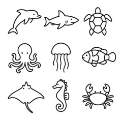 Ocean Creature Icons. Outline style icons of Common Ocean Creatures: dolphin, shark, sea turtle, octopus, jellyfish, clownfish,