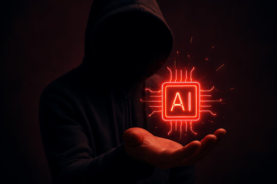 Dark figure wearing hoodie holding bright artificial intelligence icon chip reflecting hidden dangers of ai hacking and cybercrimes in technology underworld and digital warfare