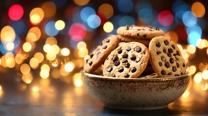 Obraz premium Chocolate chip cookies in a bowl, against a background of blurred lights.