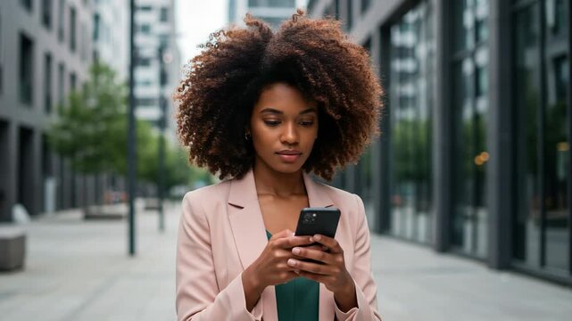 A businesswoman uses her smartphone while walking outdoors