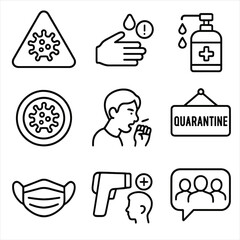 Fototapeta premium Health Alert Icons. Outline style icons of Health Hazard Alerts: virus exposure triangle, hand wash alert icon, sanitizer zone
