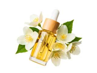 Natural jasmine essential oil with fresh flowers
