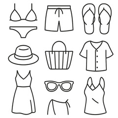 Fototapeta premium Beachwear Icons. Outline style icons of Beach and Resort Wear: bikini, swim trunks, sarong, flip-flops, straw hat, beach bag,