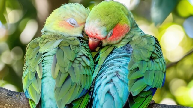 Close-up of two cuddling parakeets