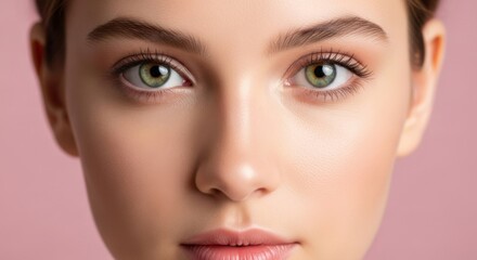 Fototapeta premium Closeup Portrait of a Young Woman with Natural Makeup and Flawless Skin Against a Soft Pink Background