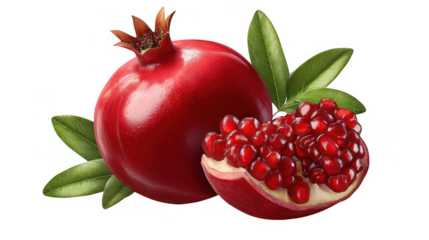 Whole and open pomegranate with leaves isolated on transparent background
