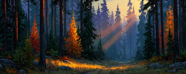 Autumn forest landscape with birch trees, evergreen pines, and golden grass in soft morning light