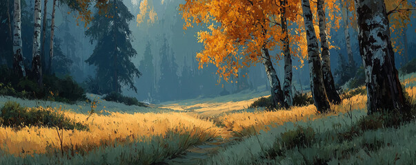 Autumn forest landscape with birch trees, evergreen pines, and golden grass in soft morning light