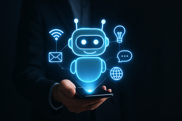 Businessman using smartphone to operate chatbot ai assistant with communication icons representing future of messaging technology and automated digital help services