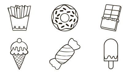 Collection of simple outline drawings of popular junk food items on a white background