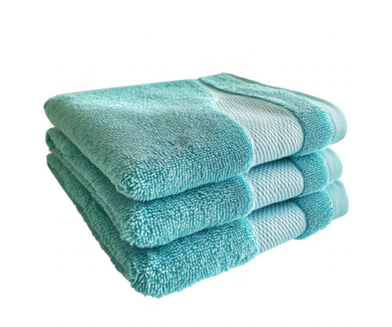 Stack of luxurious teal and white bath towels on a deep transparent background