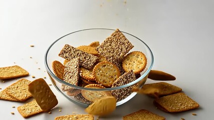 A glass bowl filled with assorted crackers and snacks falling, with crumbs scattering on a light background - Powered by Adobe