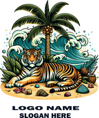 Naklejka premium Colorful vector illustration of a relaxed tiger lounging under a beach palm tree .