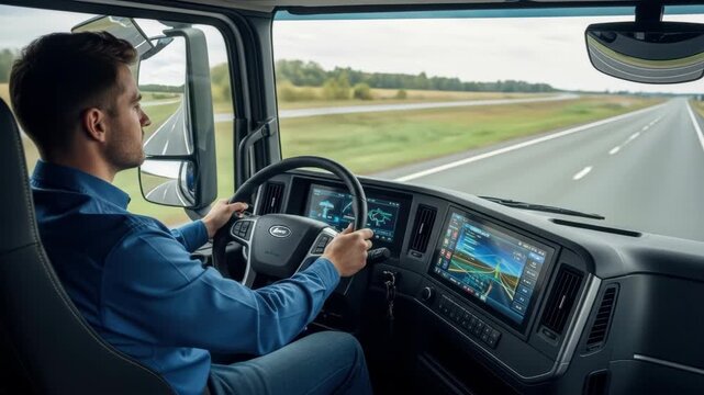 Driver steering truck on open highway with modern dashboard display and scenic views