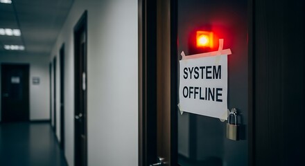 A hallway with a closed door displaying a "System Offline" sign and a warning light.
