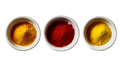 Three Bowls of Vibrant Yellow, Red, and Orange Spice Powders on a Transparent Background, a Detailed Overhead Shot Showing the Texture and Color of