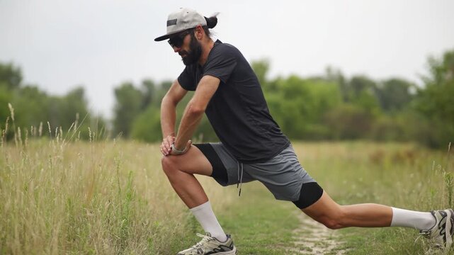 Male athlete stretching his quadriceps muscle before an outdoor run