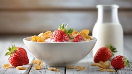 Fresh breakfast bowl with cereal and strawberries.