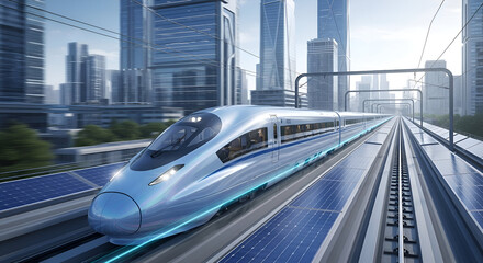 Futuristic high-speed train running on renewable green energy