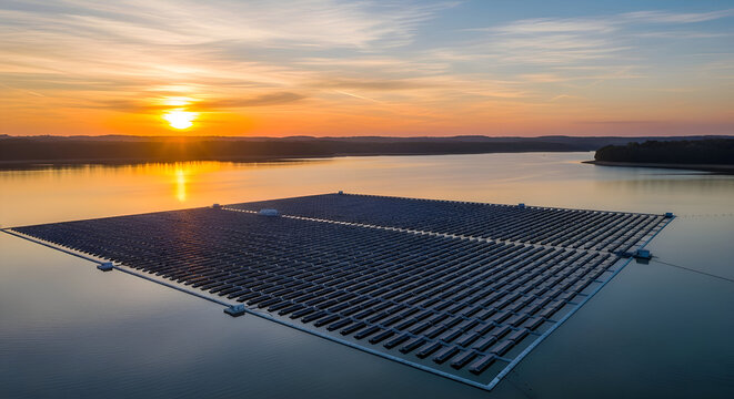 Giant floating solar farm in the middle of a serene lake, sunset reflections 