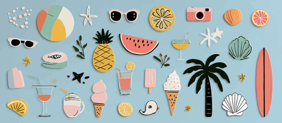 Big collection of summer stickers, beach ball and watermelon elements, palm tree, camera, lemon and orange slices, cocktail glass, surfboard, shell, sunglasses, sun, starfish, and ice cream.