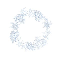 Vintage Toile de Jouy wreath with Blue flowers and Swallows.